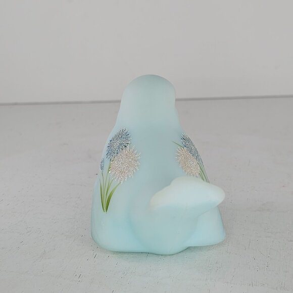 Fenton Painted Blue Satin Glass Bird Figurine Floral Design Signed Pam Miller - Picture 4 of 8